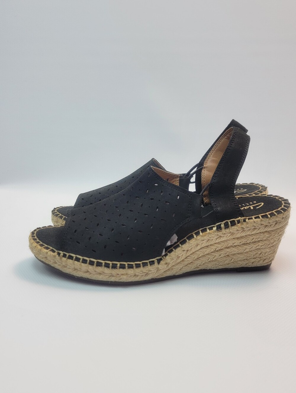 Clarks Artisan Womens 8M Petrina Gail Espadrille Black Sling Back Wedge Sandals